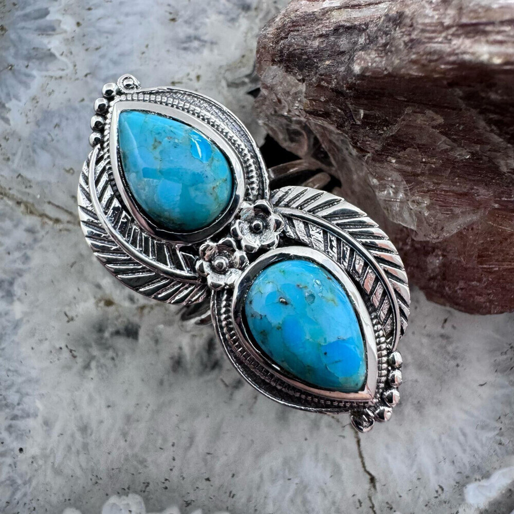 Sterling Southwestern Style Teardrop Apatite Leaves Decorated Ring For Women